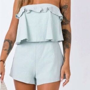 PRINCESS POLLY SANTERIA Strapless Ruffle Romper in SAGE WOMEN SIZE 2